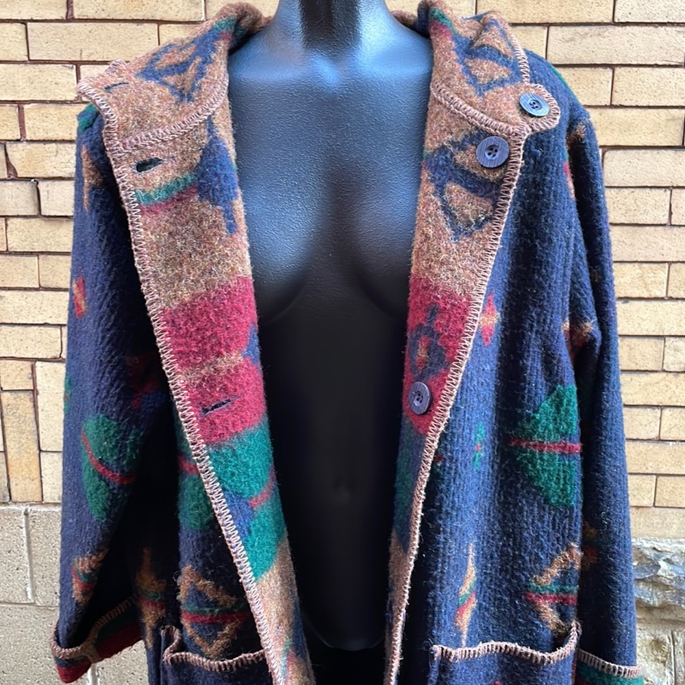 Vintage Woolrich Aztec blanket Hooded Wool Reversible Long Coat Size Large - Picture 5 of 13